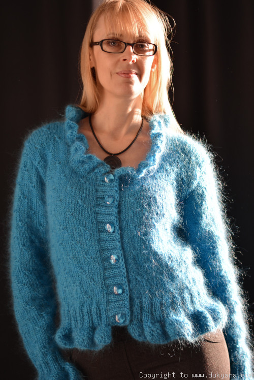 Ruffled cropped mohair cardigan in turquoise/CA56